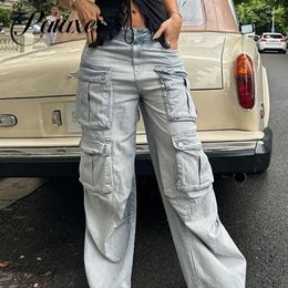 Women's Jeans PATAXEI Autumn Winter Fashion Multi Pocket Pants Casual Button Zipper Decoration High Waist Straight Trouser Women