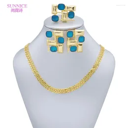 Necklace Earrings Set Blue Color Women Bride Jewelry Dubai Gold Open Ring Earring Sets For Golden Wedding Party Jewellery