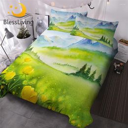 Bedding Sets BlessLiving Spring Mountain Duvet Cover Watercolour Art Landscape Set 3pcs Green Yellow Floral Bedspreads Bedroom Decor