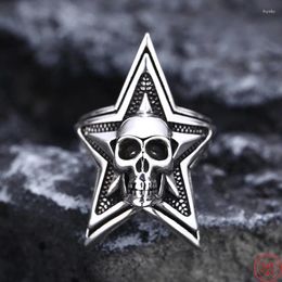 Cluster Rings Genuine S925 Sterling Silver For Women Men Fashion Relief Five-pointed Star Wide Punk Skull-jewelry