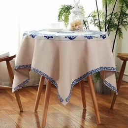 Table Cloth Simplicity Chinese Style Blue Flower Tablecloth Round Waterproof Cotton Linen Cover Kitchen Wedding Party Decoration