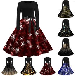 Casual Dresses Women Fashion Christmas Print Dress Round Neck Long Sleeve Big Swing Hepburn Style Vintage Elegant Party In Stock