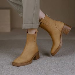 Boots Thick Heel Square Head Short Boots 2023 Autumn/Winter New Retro Back Zipper Women's Trend