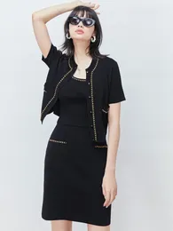 Work Dresses High Quality Knit Three Piece Set For Women Summer Gold-plated Chain Short Sleeve Cardigan Vest Mini Skirt Sets Outfit