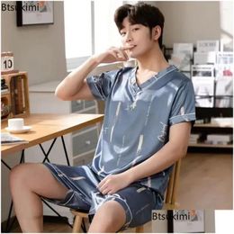 Mens Sleepwear Short-Sleeved Wear V-Neck Large S Home Summer Man 2024 Ice Silk For Casual Men Size Sets Pijama Pajama Drop Delivery Ap Dhmoc