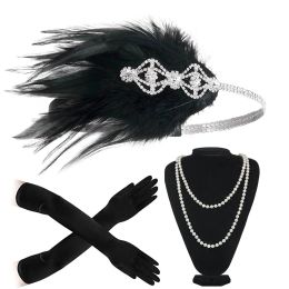 Necklaces 20s Great Gatsby Party Costume Flapper Headband Pearl Necklace Glove 1920s Great Gatsby Headpiece Accessories Set for Women