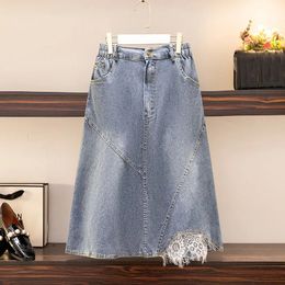 150Kg Plus Size Womens Summer High Waist Slim Loose Mid Length Lace Aline Denim Skirt Blue Hip 145cm 6XL 7XL 8XL 9XL 240328