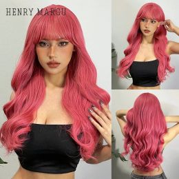 Wigs Long Pink Wavy Synthetic Natural Wigs for Women with Bangs Natural Wave Hair Wigs Daily Cosplay Use Lolita Heat Resistant Fiber
