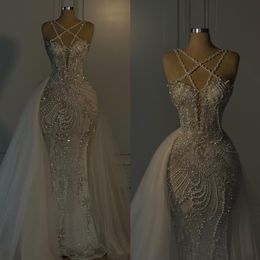 Gorgeous Chart Mermaid Wedding Dress overskirts cross straps pearls beading wedding dresses Bridal Gowns sweep train Dubai robe de mariage