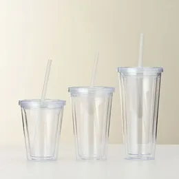 Tumblers With Lid And Straw Clear Tumbler Househo Double-Layer Transparent Water Bottle Plastic 350/450/650ml Iced Coffee Cup Home Use
