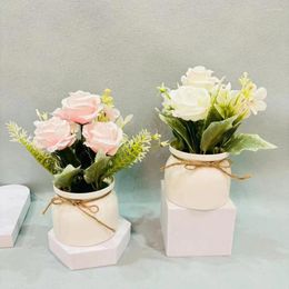 Decorative Flowers Fade-resistant Fake Scandinavian Style Potted Plant Set With Three Roses Small Turned Rimmed Pot Bonsai For Home