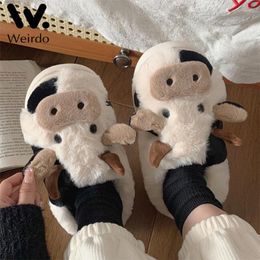 Slippers Upgrate Cute Animal Slipper Women Girls Kawaii Fluffy Winter Warm Woman Cartoon Milk Cow House Funny Shoes