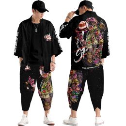 Two-piece Suit Oversize S-6XL Loose Japanese Cardigan Women Men Cosplay Yukata Clothing Harajuku Samurai Kimono + Pants Sets