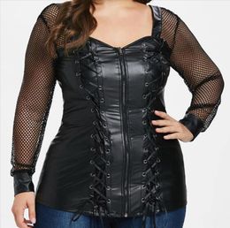 Plus Size Faux Leather Blouse 4XL 5XL Sexy Hollow Out Long Sleeve Steampunk Lace Up Corset Tops Women Black PU Leather Shirt7940434