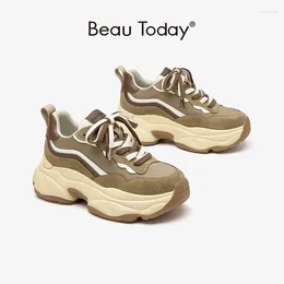 Casual Shoes BeauToday Chunky Sneakers Women Pig Suede Mixed Colours Lace-up Trainers Spring Ladies Fashion Platform Handmade 29457