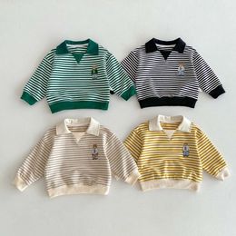 Spring Autumn Children Cool Lapel Striped Sweatshirt Kid Girl Cartoon Embroidery Long Sleeve T-shirt Boy Baby Casual Cotton Tops 240318