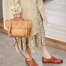 Bag Messenger Women Leather Handbag Soft Shoulder Art Japanese Vintage Yellow Brown Retro