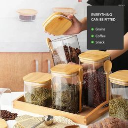 Storage Bottles Tank Seasoning Coffee Bean Sugar Kitchen Supplies Bottle Glass Square With Bamboo Lids Spoon Sealed Jar
