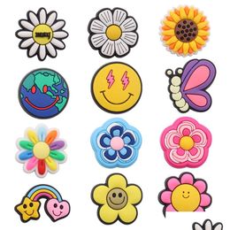 Shoe Parts & Accessories Wholesale 100Pcs Pvc Flower Rainbow Butterfly Earth Sunflower Chrysanthemum Charms Buckle Decorations For Bra Dhhwv