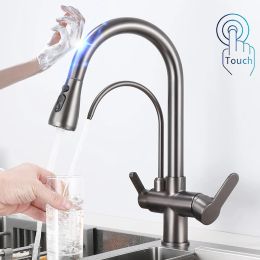 Gold Touch Philtre Kitchen Mixer Tap Dual Handle Hot Cold Brass Kitchen Sink Faucets Smar Sensor Touch Pull Out Kitchen Faucets