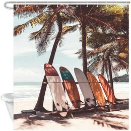 Shower Curtains Travel Landscape Surfboard And Palm Trees On Beach Polyester Fabric With Hooks Bath Curtain For Bathroom Decor