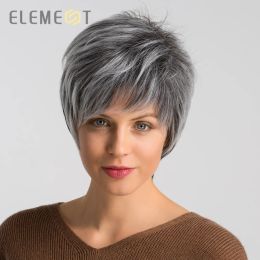 Wigs ELEMENT 6 Inch Short Synthetic Straight Grey Mix White Colour Wigs Natural Hairline Party Work Wigs for White/Black Women