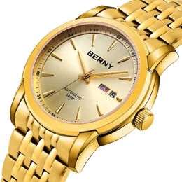 Wristwatches BERNY Sapphire Men Mechanical Watch Gold Tone Stainless Steel Automatic Wristwatch ST6112 Move Calendar 5ATM Waterproof