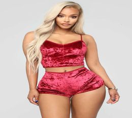 Fashion Women 2pcs Velvet Sleepwear Sexy Spaghetti Strap Velvet Vest Shorts Pyjama Set Ladies Sleepwear Female Lingerie Sets4262729