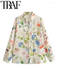 Women's Two Piece Pants 2024 Woman Fashion Flower Printed Satin Shirt Casual Slim Single Breasted Turn Down Collar Blouses Spring