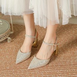 Sandals Size 30-44 Pointed-toe Hollow Thick-heeled Gold Shoes Women's High-heeled Chunky Heel