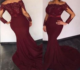 Burgundy Red Mermaid Evening Dresses Bateau Neck Long Sleeves Sequins Appliques Satin Cheap Prom Dresses Women Formal Evening Wear4717852