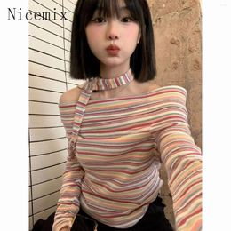 Women's T Shirts Pink Stripe Spicy Girl Long Sleeved T-shirt Women Tops Spring/Autumn Chic Sexy One Shoulder Unique Slim Fit Bottoming Shirt