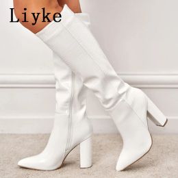 Boots Liyke Fashion White Women Knee High Boots Sexy Snake Print Leather Pointed Toe Square Heels Ladies Long Booties Zip Female Shoes