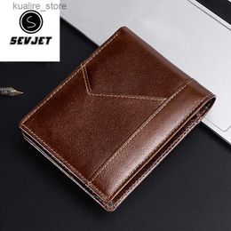 Money Clips Genuine leather mens short wallet casual Rfid coin mens credit card holder retro double fold wallet clutch bag JYB120 L240402