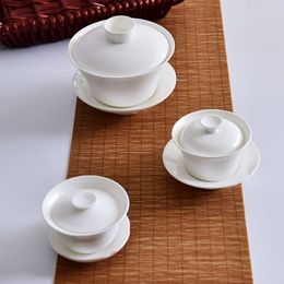 Factory Wholesale Ceramic Tea Set Teahouse Hotel White Bone China Tea Bowl Three-talent Bowl Set Gift Kung Fu Tea Set