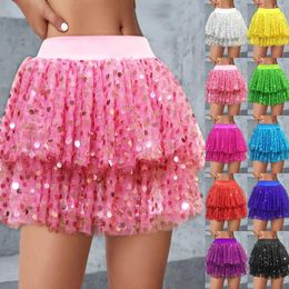 Skirts Women Tulle Ladies Cake Skirt Mesh Fine Glitter Sequins Cheerleader Tutu Female Carnival Festival Costume
