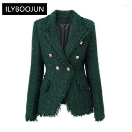 Women's Suits Winter Thick Fabric Woolen Luxury Design Tassel Patckwork Vintage Dark Green Tweed Women Slim Blazers For 2024