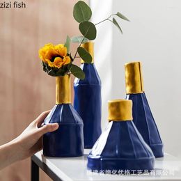 Vases Small Mouths Blue Ceramic Vase Dried Flower Living Room Arrangement Home Decoration Table Ornaments Decorative