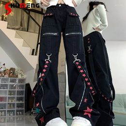 Women's Jeans Streetwear Black Loose Cargo 2024 Spring And Autumn Ribbon Fried Street High Waist Wide Leg Denim Pants