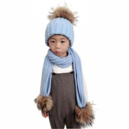 Kids Winter Hat Scarf Set Baby Warm Knitted Beanie Boys Girls Real Fur Pompom Hat For Children Winter Cap Skullies Beanies