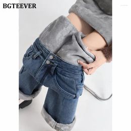 Women's Jeans BGTEEVER Stylish Straight Warm Female Denim Pants Winter High Waist Thicken Fleece Wide Leg Trousers For Women
