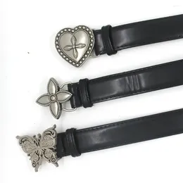 Belts Vintage Belt Gothic Women Men Cross Love Heart Flower Design Metal Snap Buckle Pu Fashion Waistband Jeans Pants Decor