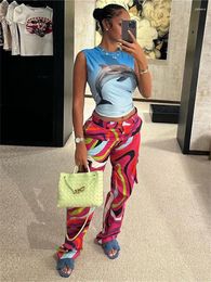 Women's Pants 2024 Summer Outfits Clothes Streetwear Loose For Women Trousers High Waist Print Rose Red Baggy Pockets