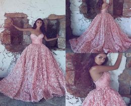 New Luxury Pink Sweetheart Ball Gown Princess Evening Dresses Ball Gowns Sleeveless Lace Appliques Prom Dresses Long Sweep Train8838089