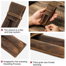 Genuine Crazy Horse Leather Pen Pouch Holder 1/2/3 Slots Pencil Bags Pen Case for Rollerball Fountain Ballpoint Pen