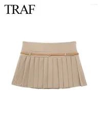 Women's Shorts Elegant Khaki Culottes For 2024 Women Spring Solid Versatile Pleated Belt High Waist A-Line Fashion Casual Chic