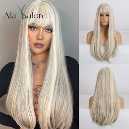 Wigs ALAN EATON White Synthetic Wigs with Brown Highlights Long Straight Wigs with Bangs for Women Heat Resistant Fibre Cosplay Wig
