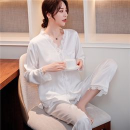 Spring and Summer Women's Ice Silk Cardigan Pyjamas Long-Sleeved Trousers Air-Conditioned Clothing Home Clothes Solid Colour Simple Fairy Style