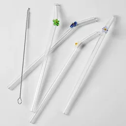 Drinking Straws 4pcs Glass With Flowers Cute Transparent Reusable Juice Smoothie Drink Tool Brush Kitchen Accessories