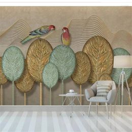 Wallpapers Wellyu Wall Papers Home Decor Custom Wallpaper Nordic Hand Painted Golden Leaves Parrot Background Decorative Painting